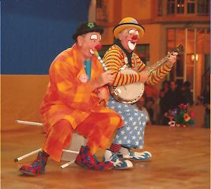 Clown Bluey and Conk perform on stage, Terceira, Azores